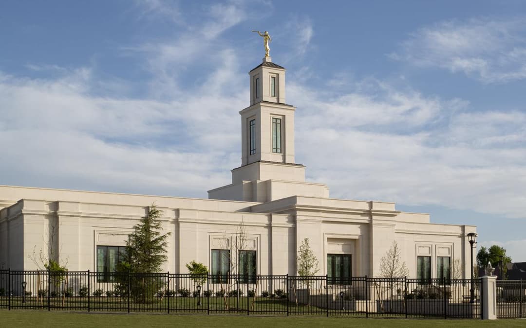 Oklahoma City Oklahoma Temple, daytime, angled view of spire & Angel Moroni.