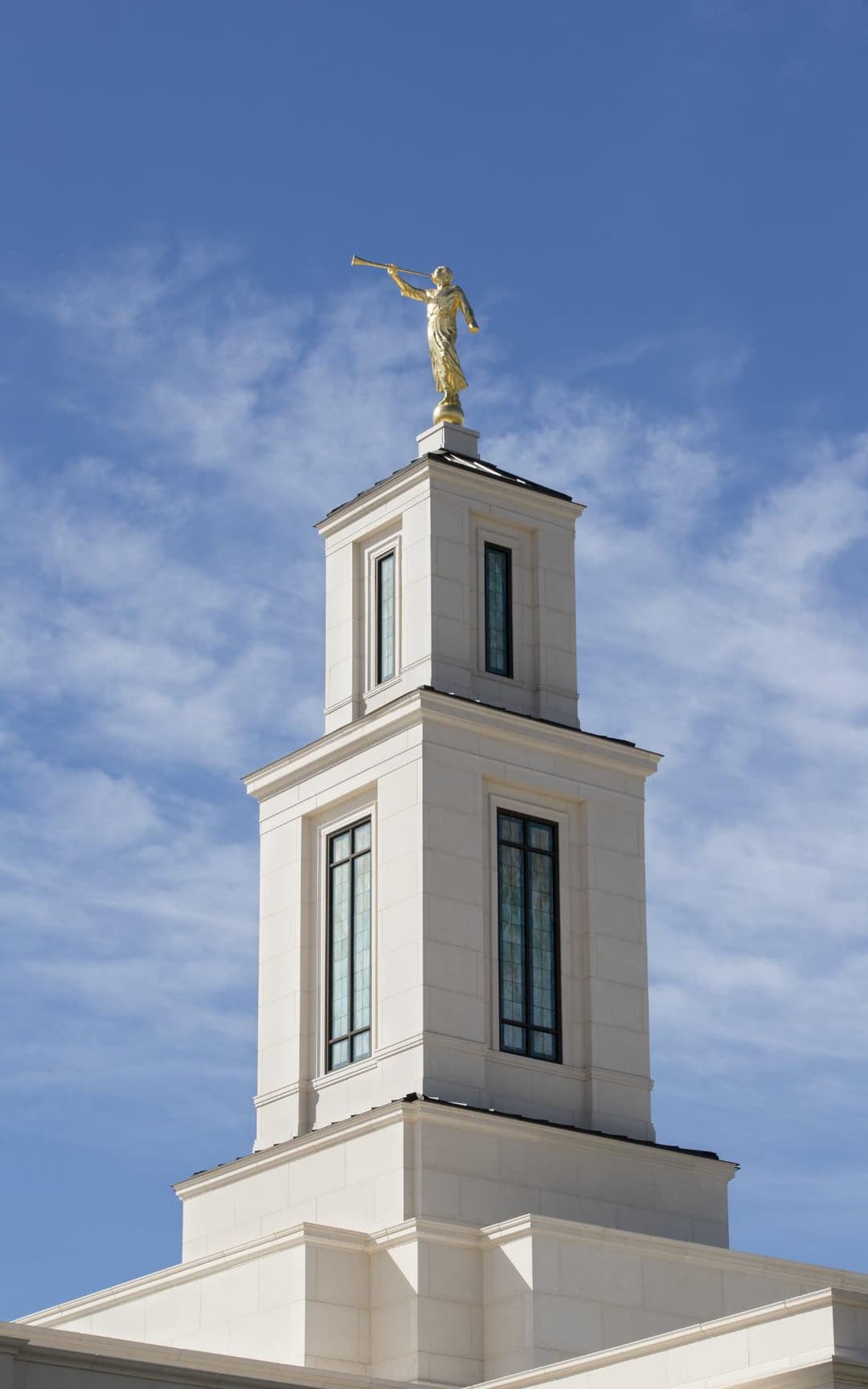 Oklahoma City Temple tower and Angel Moroni statue, looking up.