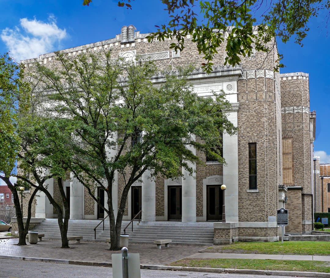 Exterior view of the monumental front entrance and stepped portico