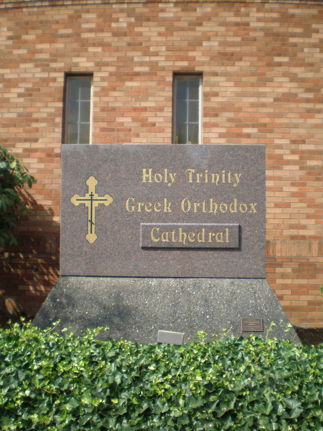 Monument sign outside Holy Trinity Greek Orthodox Cathedral.