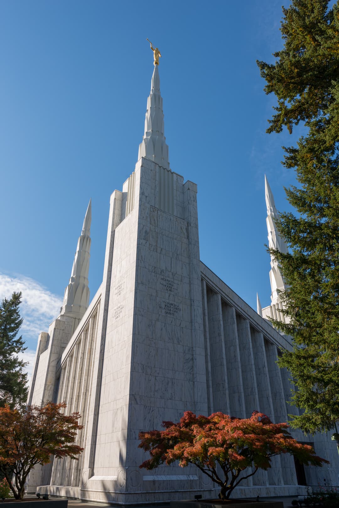 Looking up at the central spire with the Angel Moroni statue