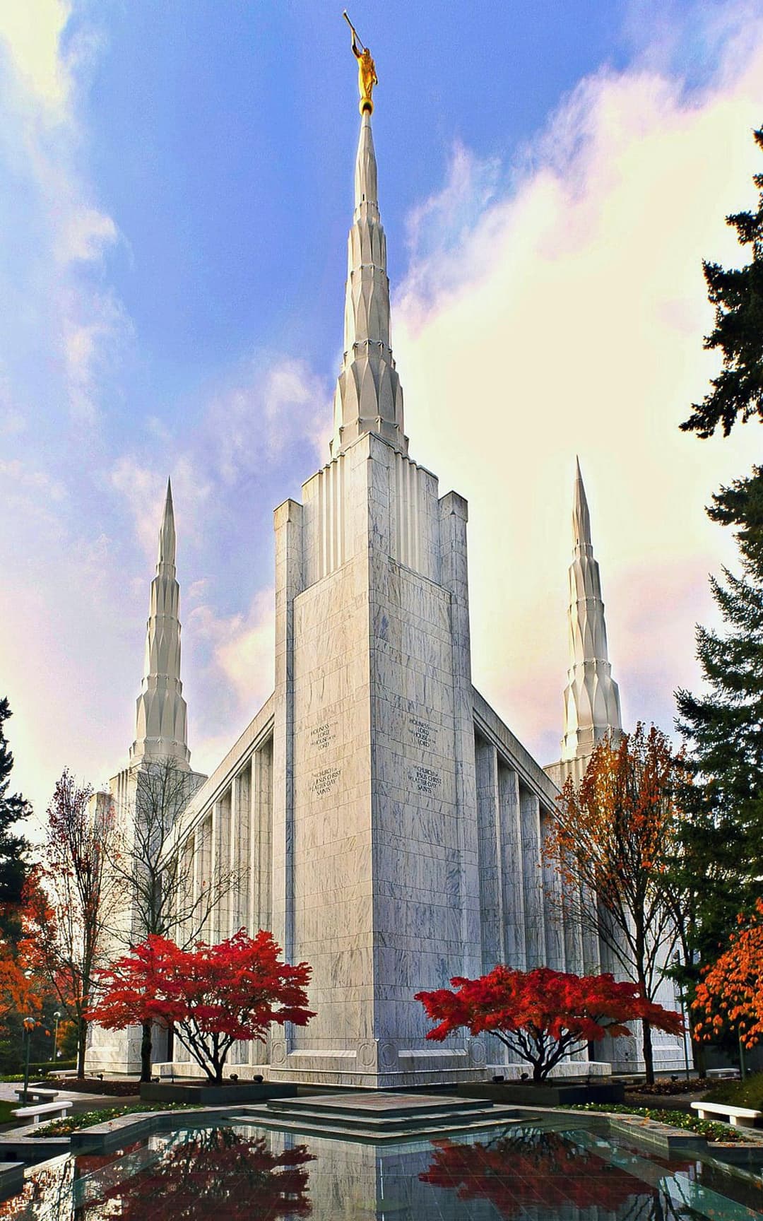 Portland Oregon Temple, front view with reflection pool.
