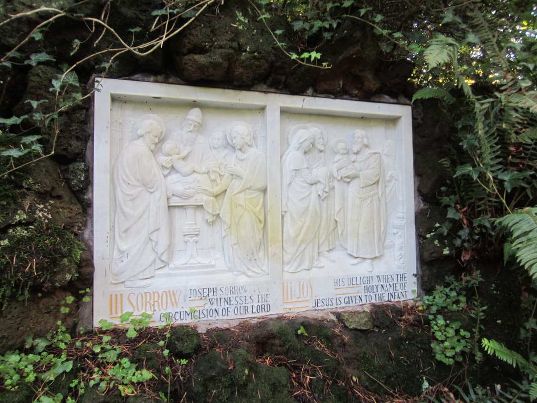 Relief plaque of the 3rd Sorrow and Joy of St. Joseph on the sanctuary grounds.