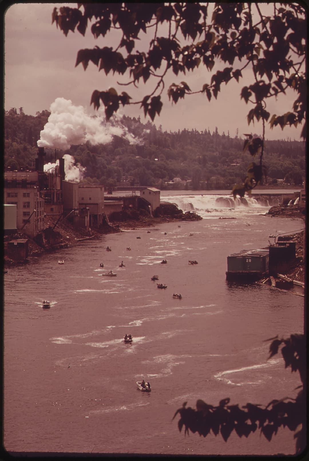 Elevated view of Willamette Falls, paper mill, and boats on the river.