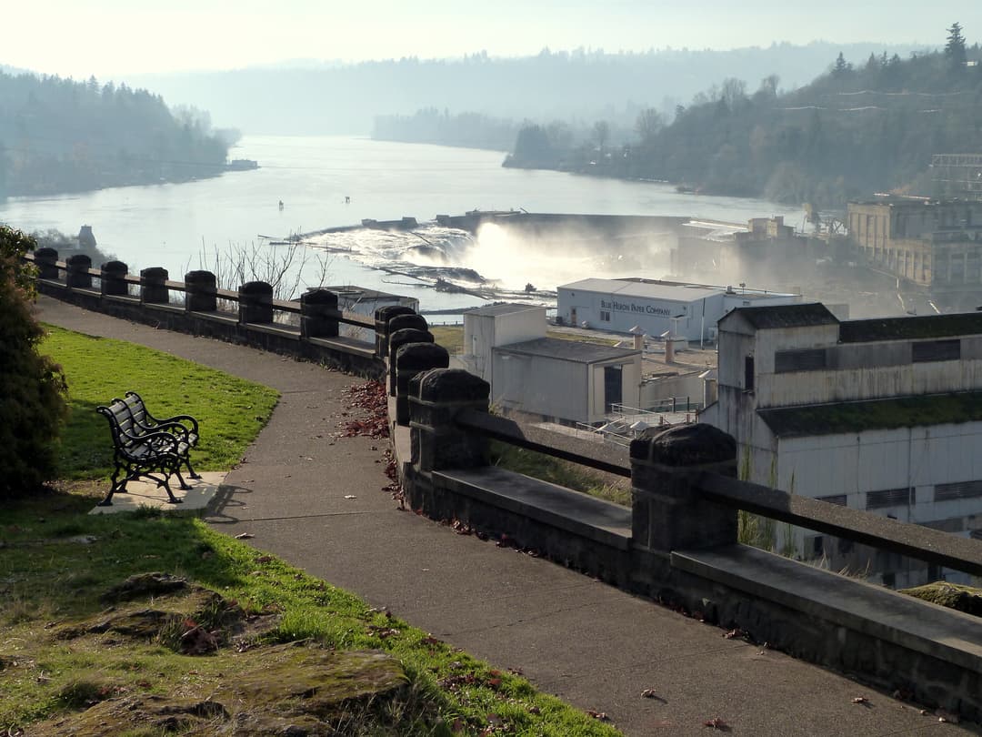 Elevated view of Willamette Falls and paper mill from a park overlook path.