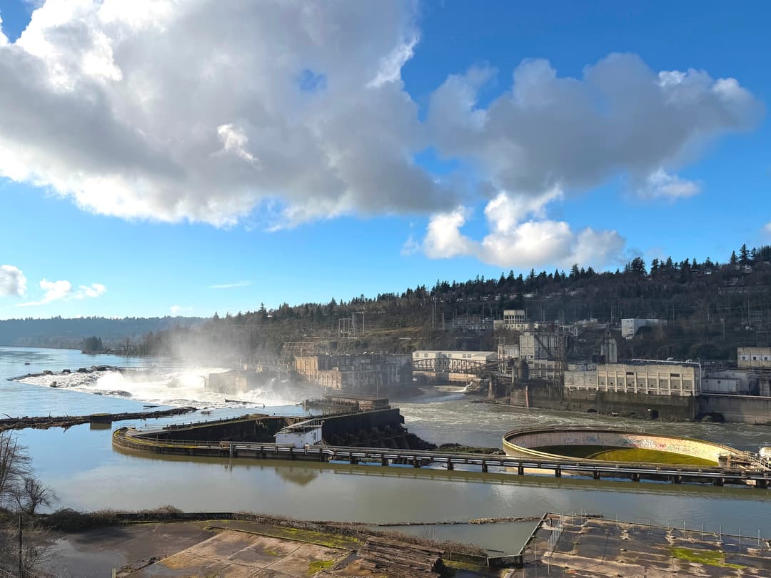 Elevated wide-angle view of Willamette Falls and historic industrial complex.