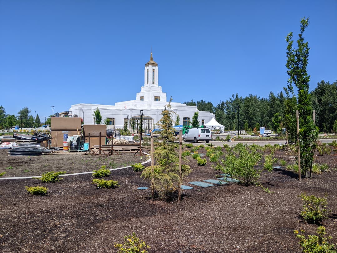 Exterior view across the grounds during construction and landscaping