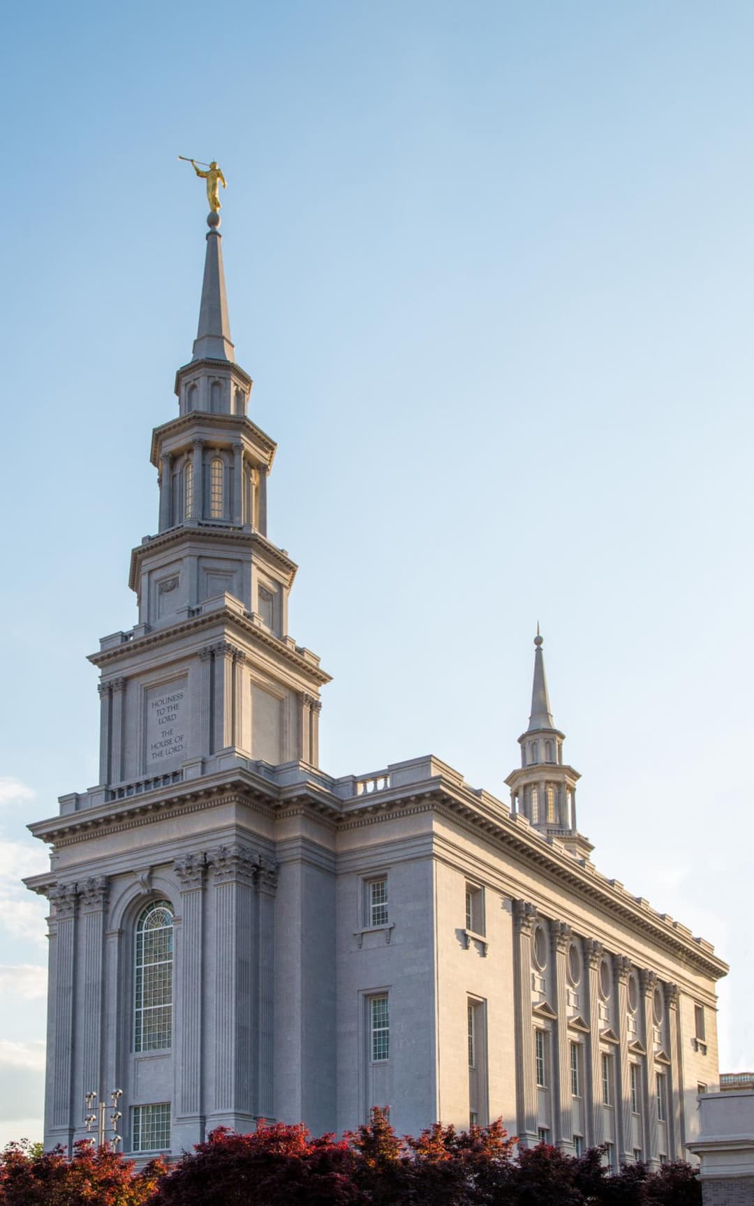 Low-angle exterior view of the Philadelphia Pennsylvania Temple spires.
