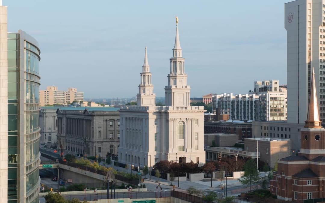 Elevated view of the Philadelphia Pennsylvania Temple and surrounding cityscape.