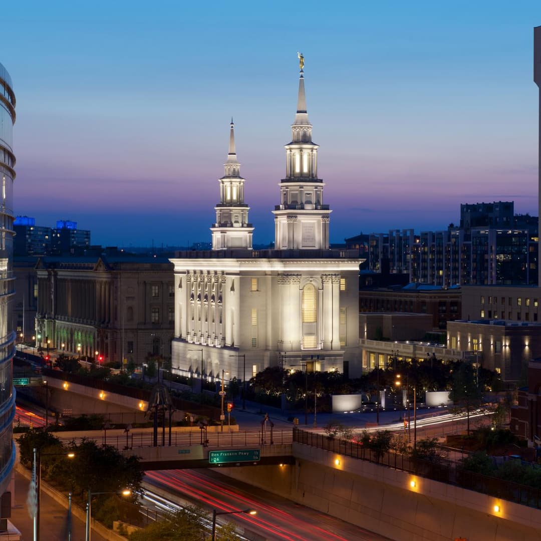 Elevated view of the illuminated Philadelphia Pennsylvania Temple at twilight.