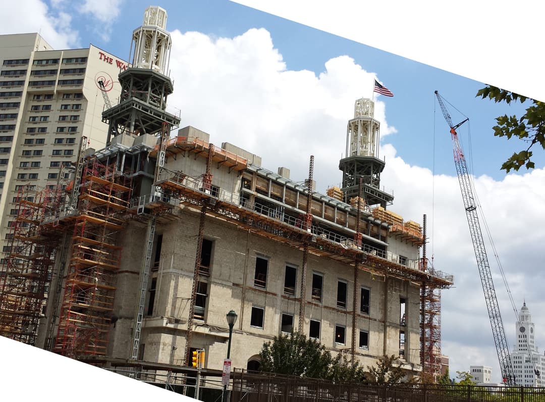 Philadelphia Pennsylvania Temple under construction with spires and crane.