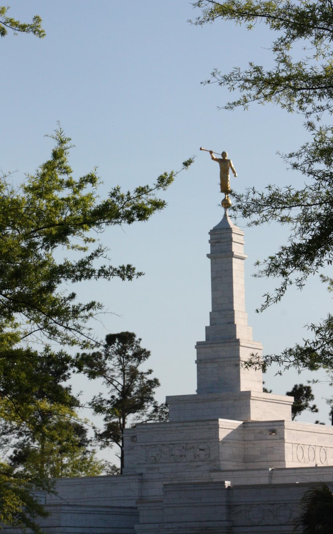 Low-angle view of the temple spire and Angel Moroni statue framed by trees.