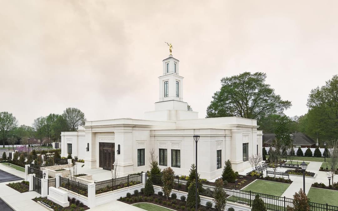 Elevated exterior view of the Memphis Tennessee Temple with Angel Moroni.