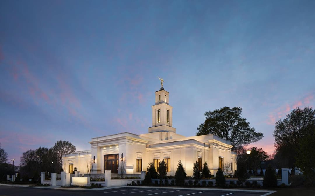Memphis Tennessee Temple at twilight, wide angle, illuminated.