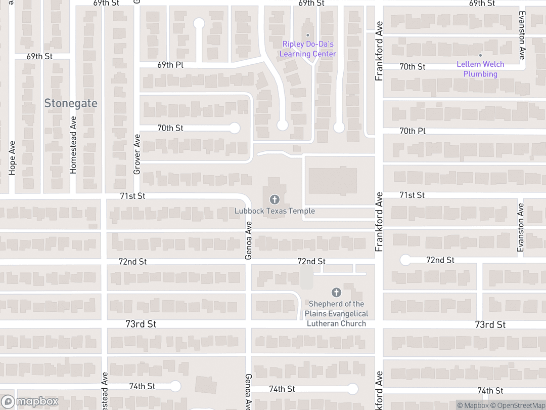 Map showing Lubbock Texas Temple and surrounding area