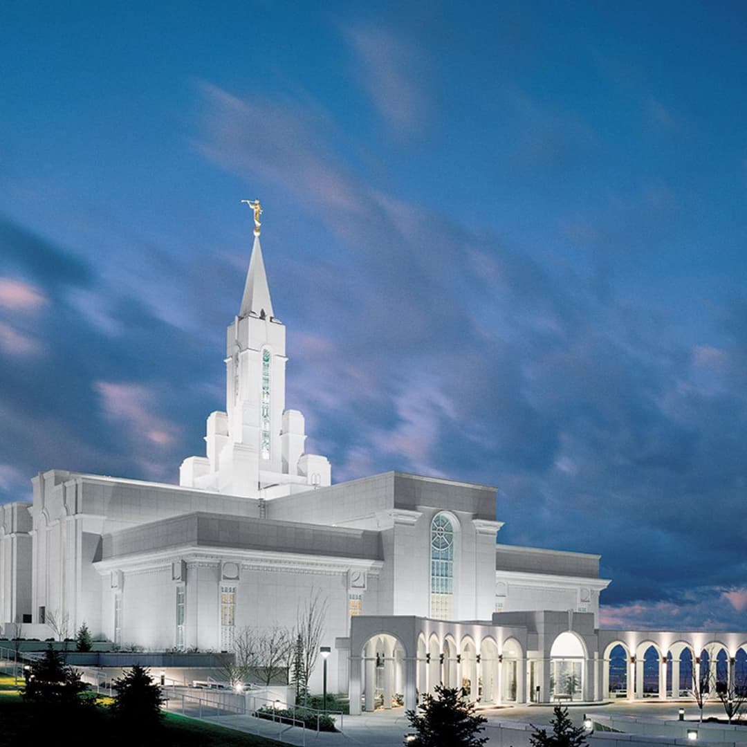 A beautiful daytime view of the temple's Bethel white granite exterior.