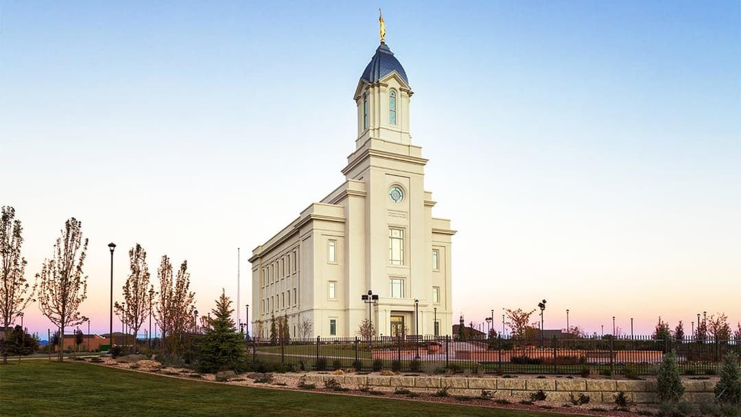 Wide-angle view of the Cedar City Utah Temple at twilight.
