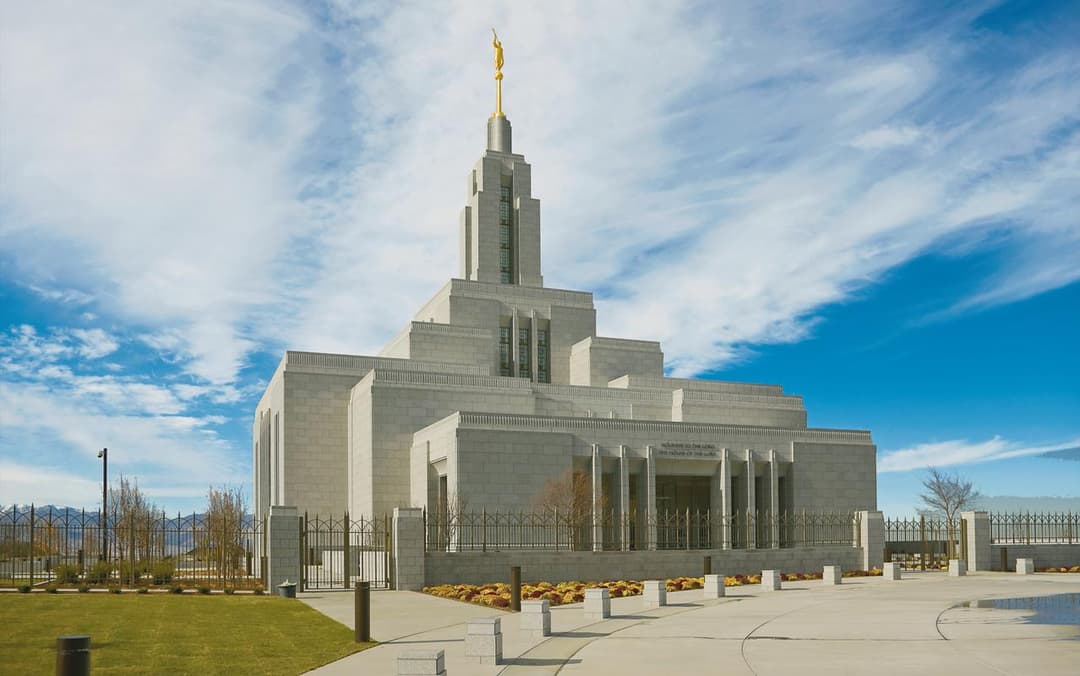 Draper Utah Temple, wide-angle exterior with Angel Moroni statue.