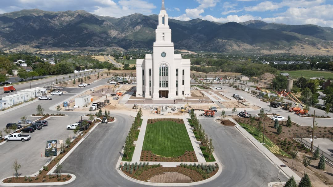 The temple surrounded by lush landscaping