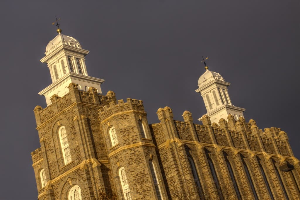 Temple bathed in golden sunset light