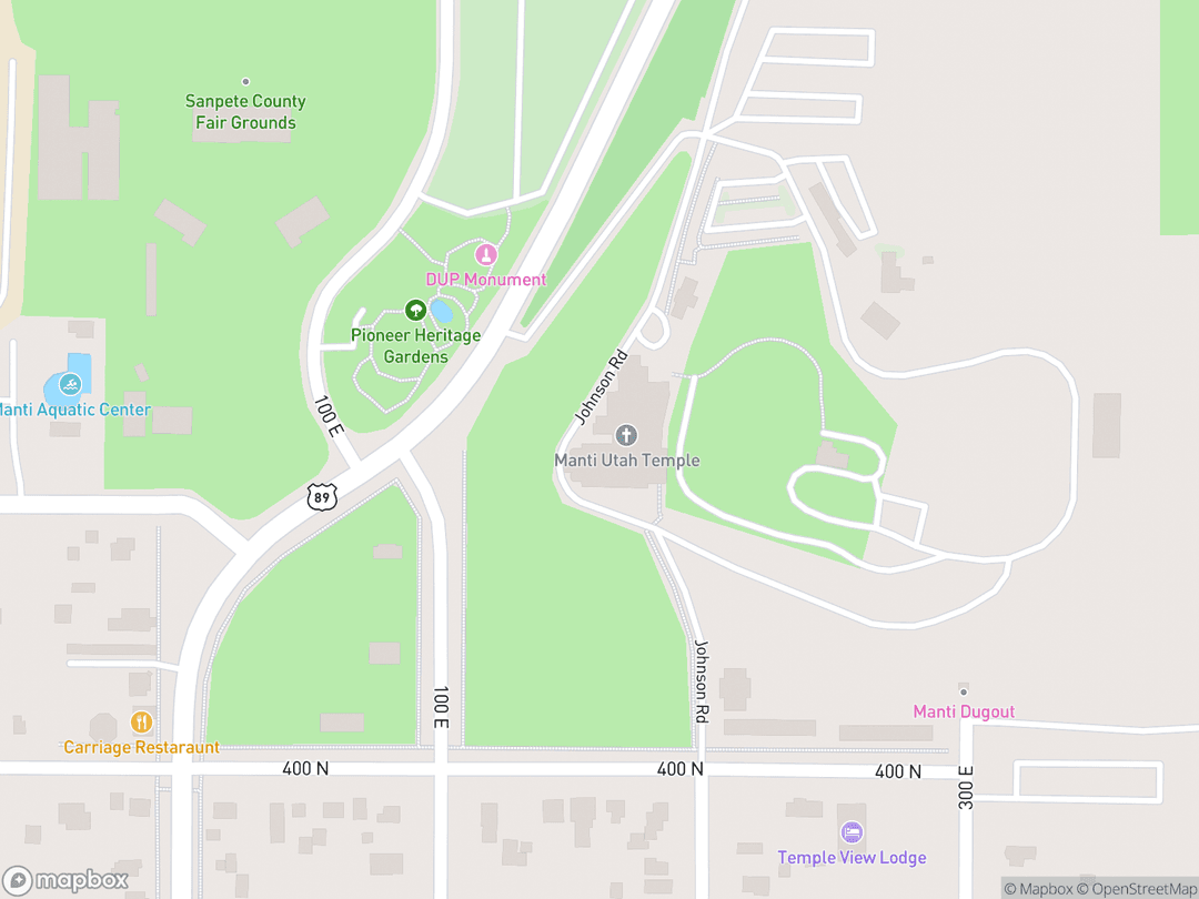 Map showing Manti Utah Temple and surrounding area