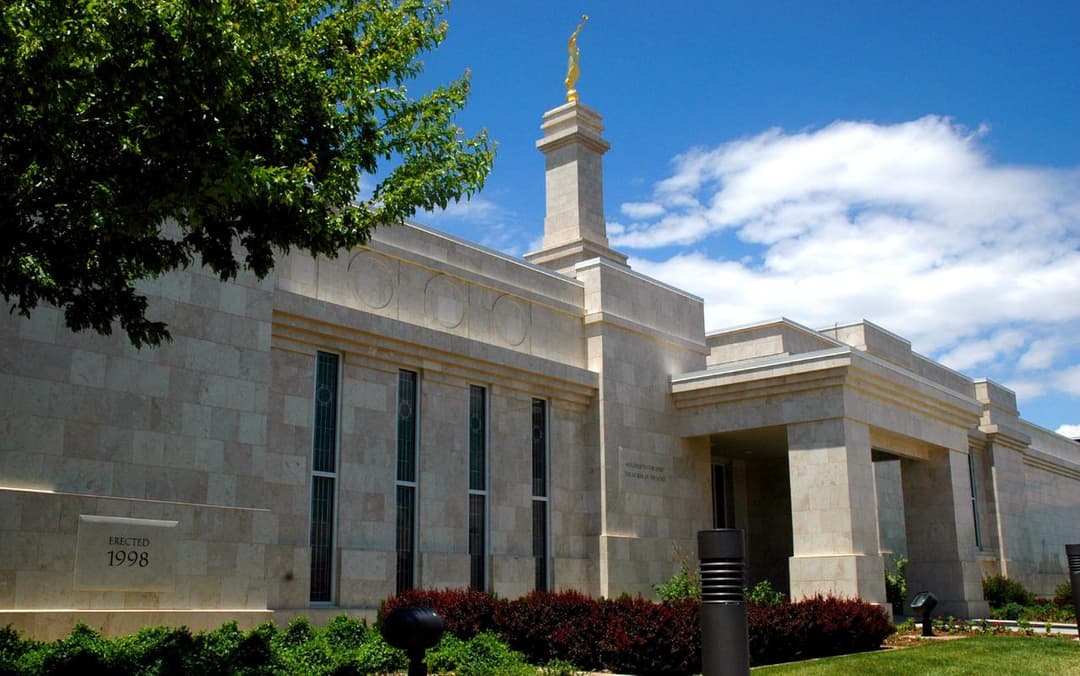 Exterior view of the Monticello Utah Temple with its 1998 cornerstone.