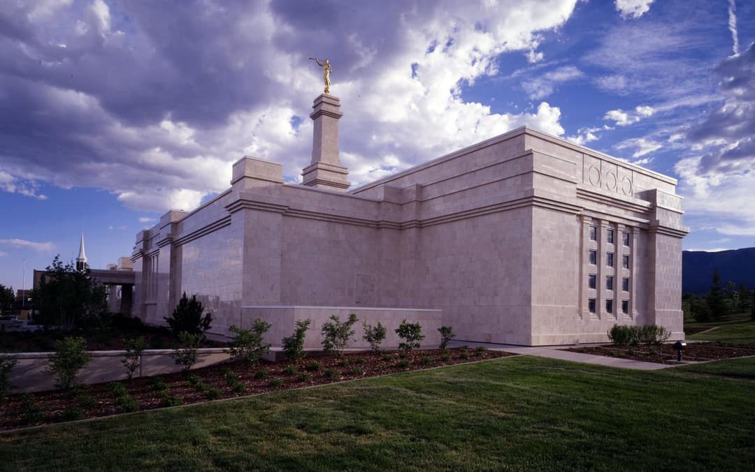 Wide-angle exterior view of the Monticello Utah Temple.