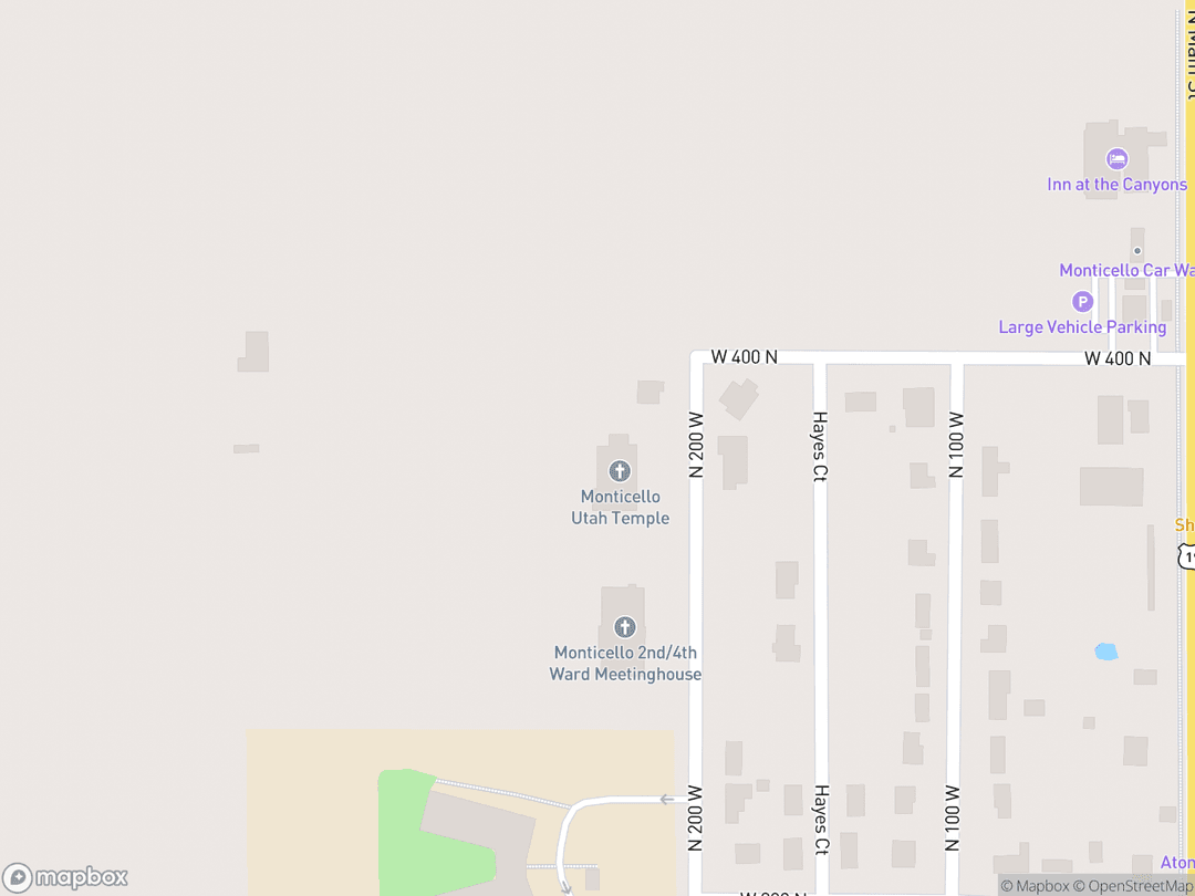 Map showing Monticello Utah Temple and surrounding area