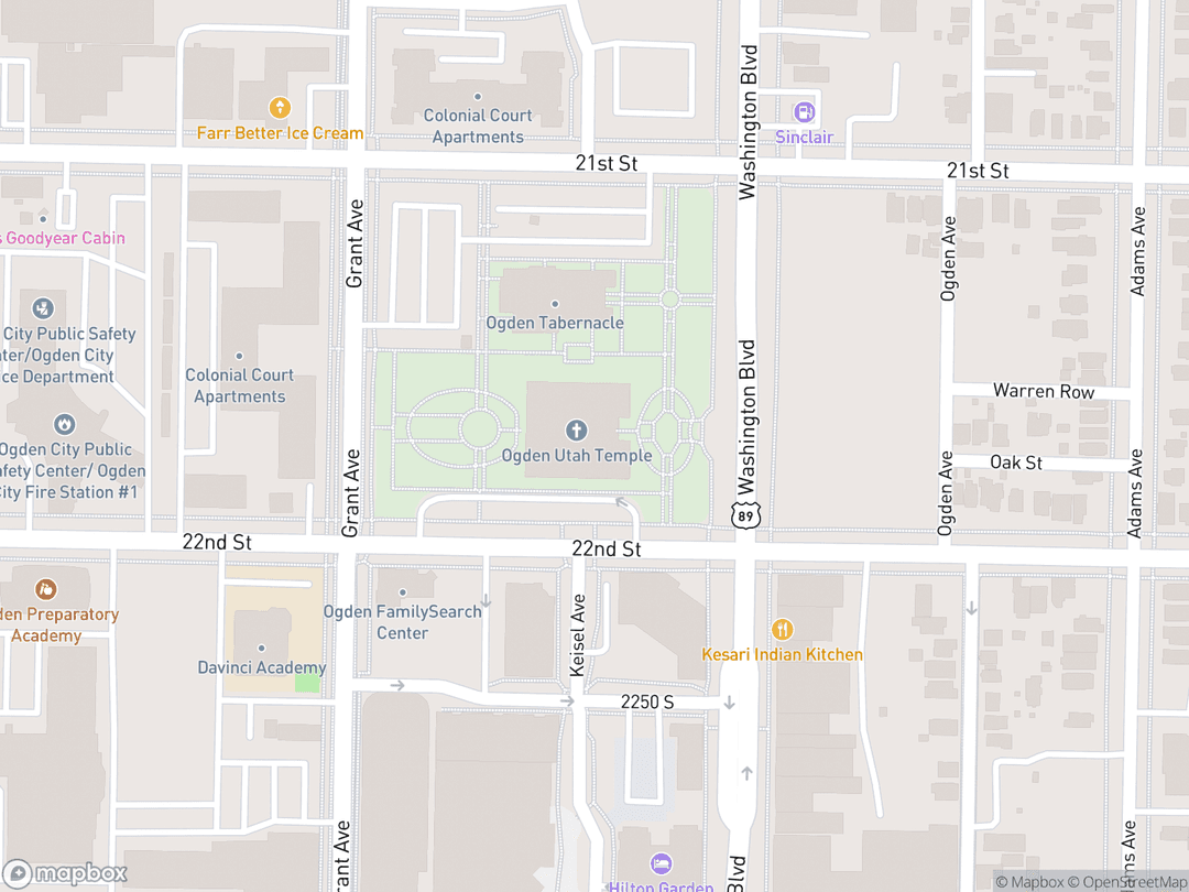 Map showing Ogden Utah Temple and surrounding area