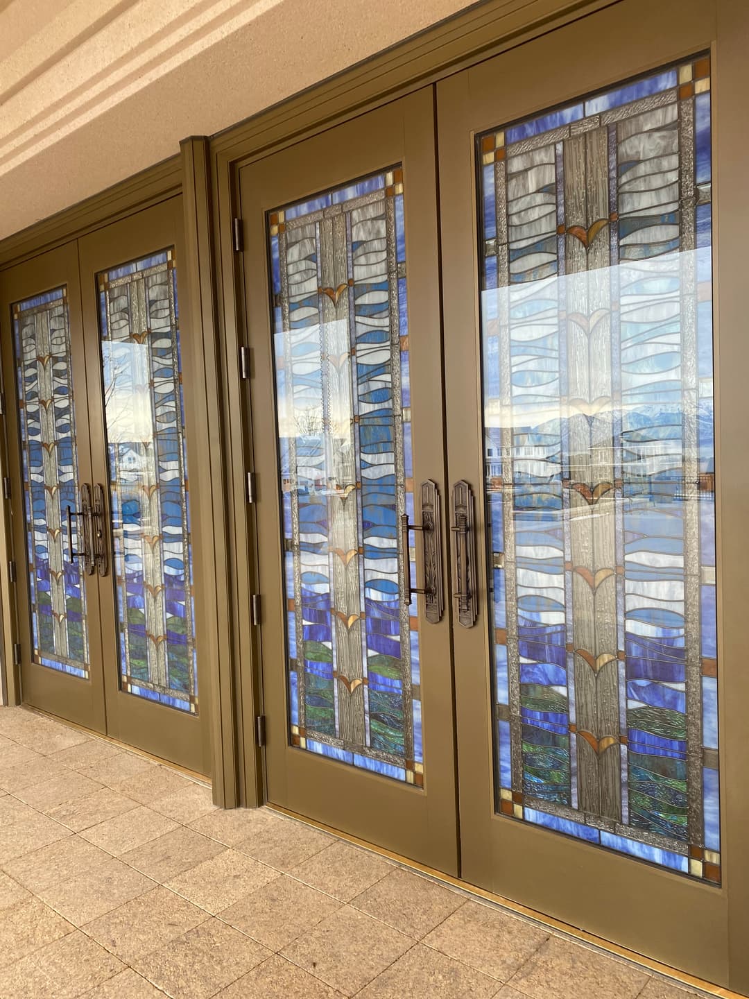 Stained glass entrance doors of the Saratoga Springs Utah Temple.