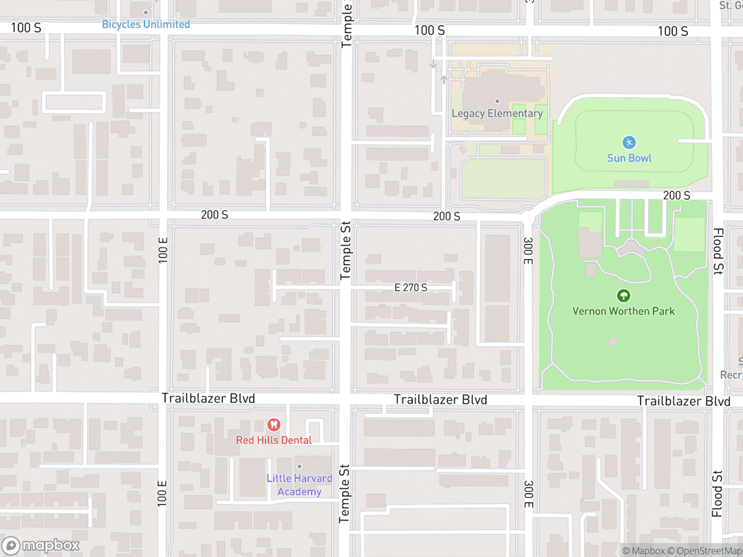 Map showing St. George Utah Temple and surrounding area