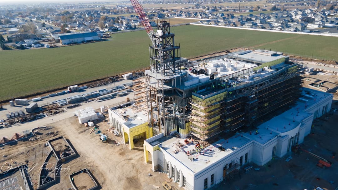High aerial view of the Syracuse Utah Temple under construction.