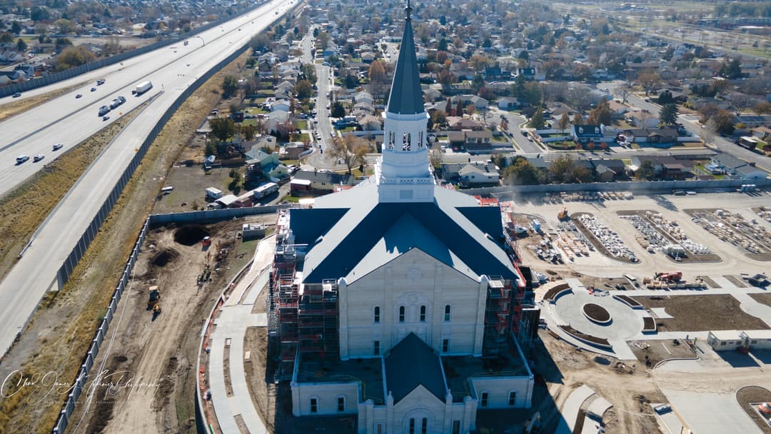 Aerial view of the Taylorsville Utah Temple under construction.