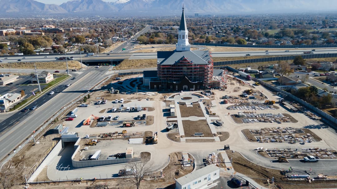 Aerial view of the Taylorsville Utah Temple under construction.