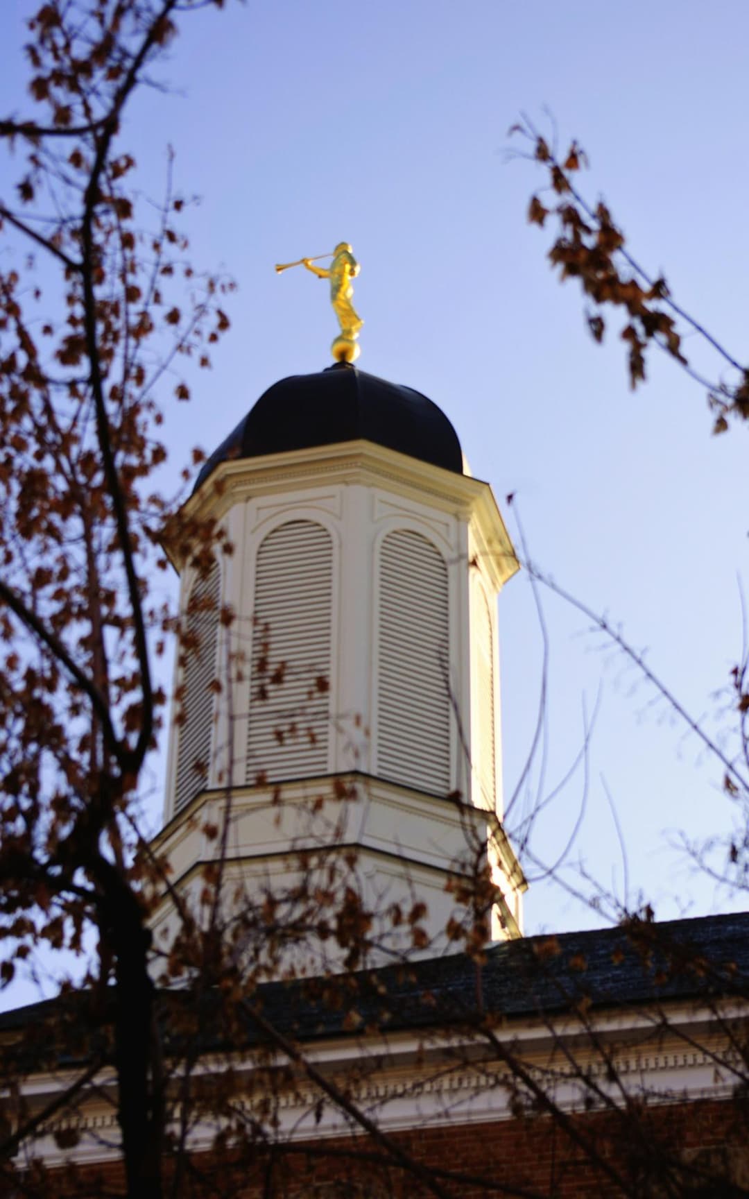 Vernal Utah Temple cupola and Angel Moroni statue framed by autumn branches.