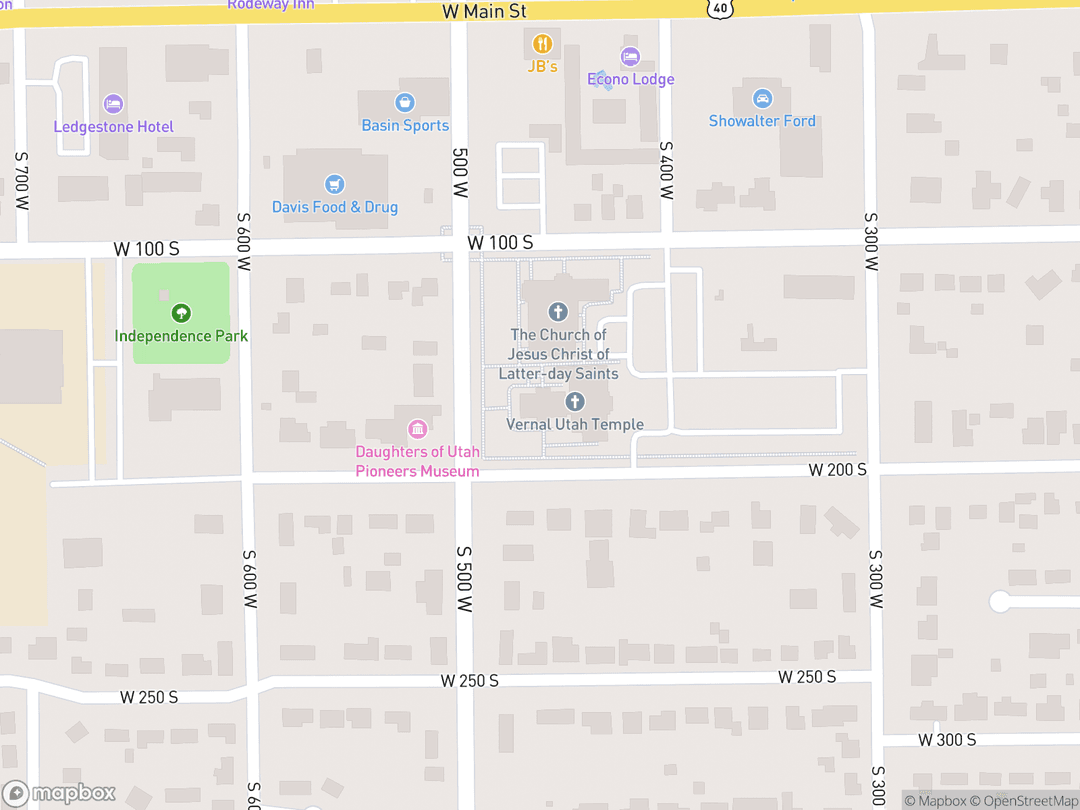 Map showing Vernal Utah Temple and surrounding area
