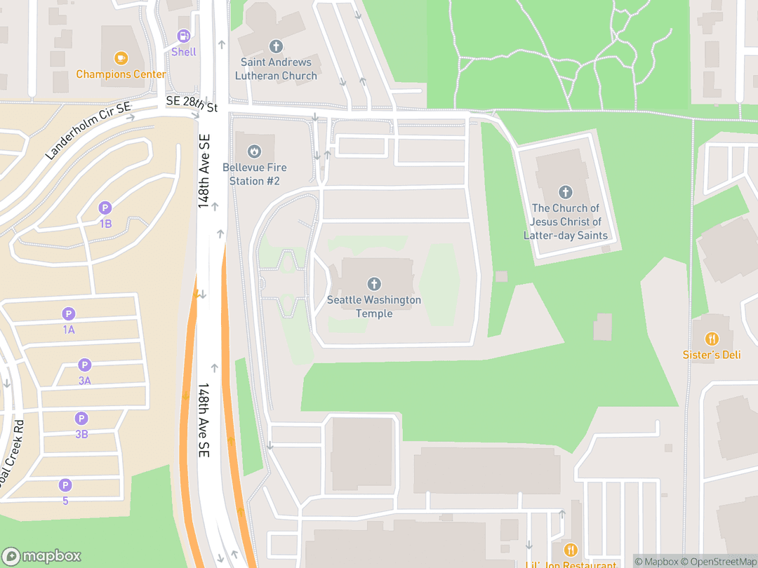Map showing Seattle Washington Temple and surrounding area