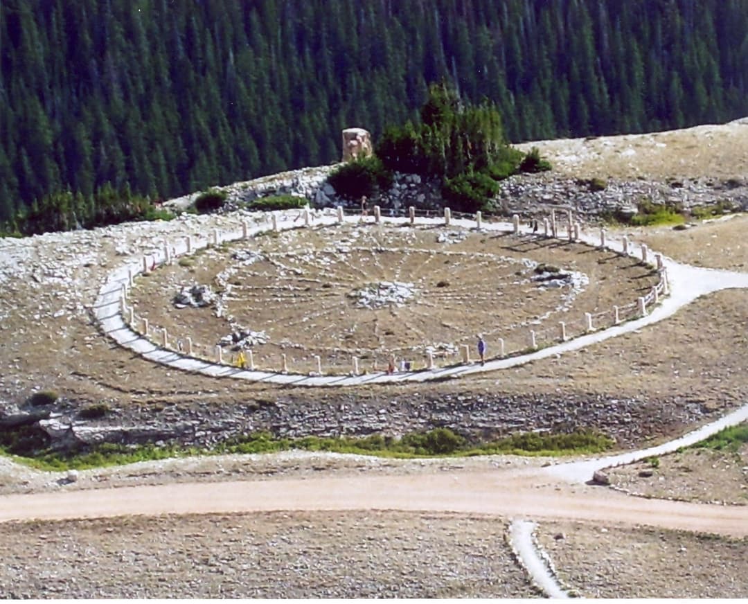 High-angle view of the Bighorn Medicine Wheel and encircling pathway.