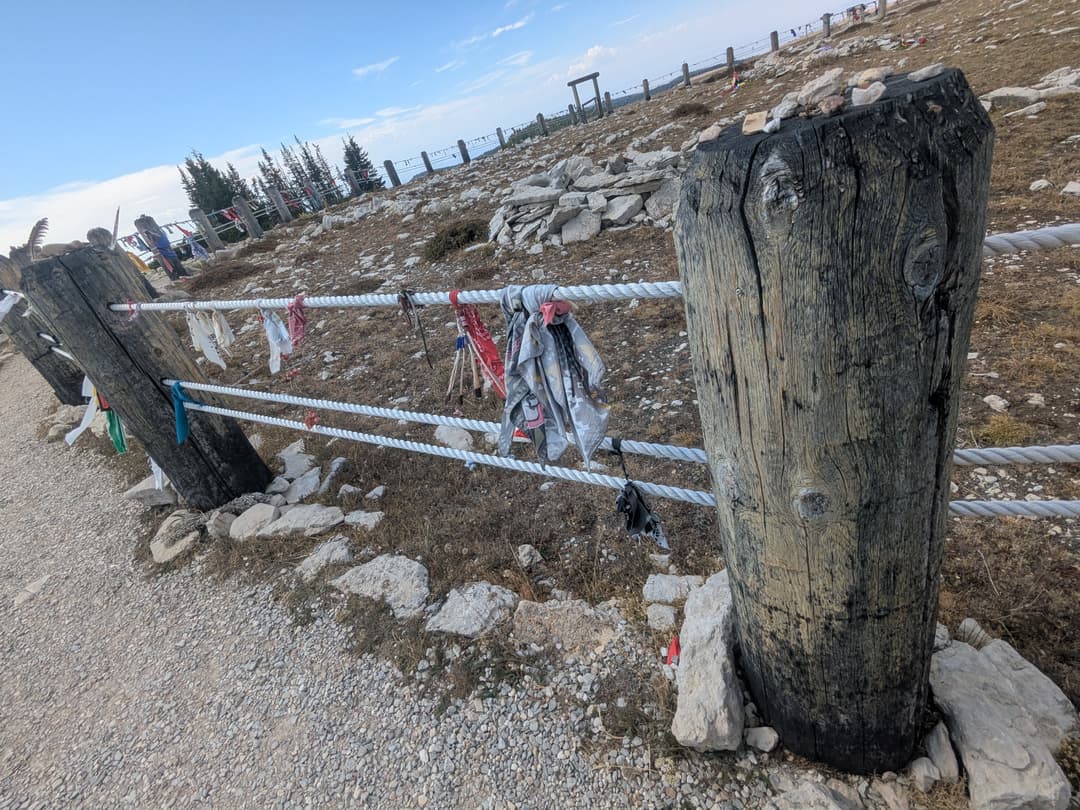 Prayer ties and offerings on the rope fence at the Bighorn Medicine Wheel.