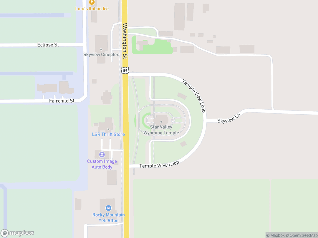 Map showing Star Valley Wyoming Temple and surrounding area