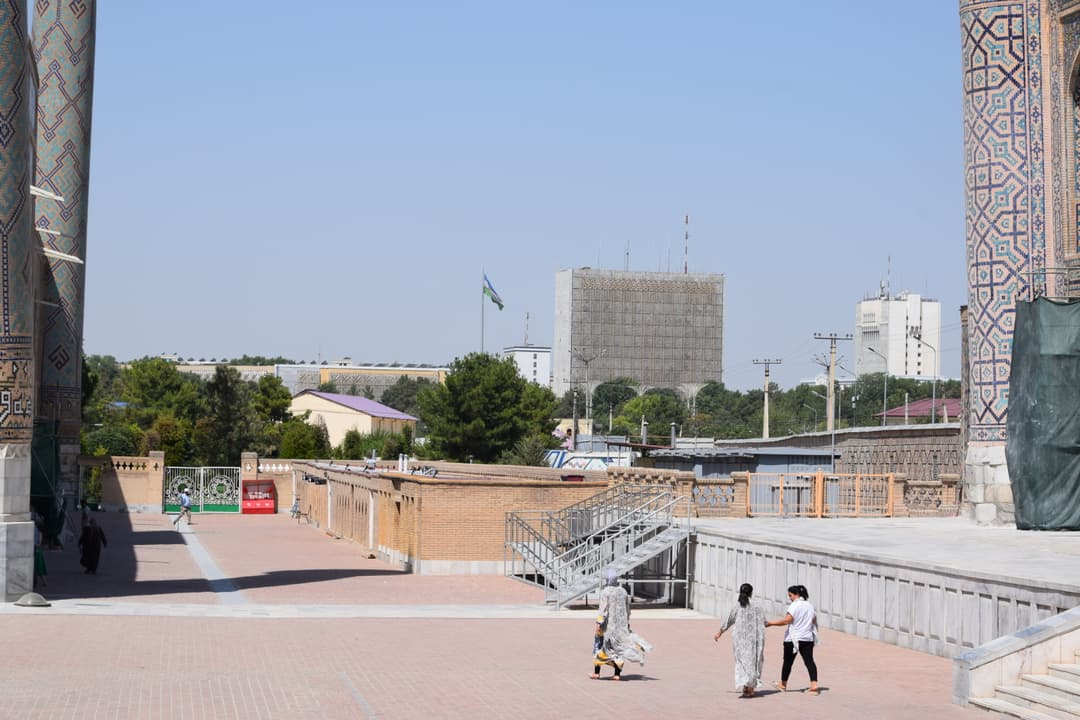 View of modern Samarkand from the grounds of the Registan complex.