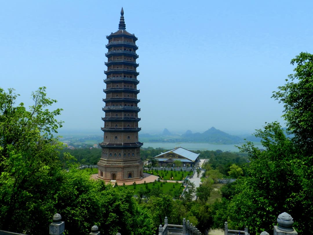 Elevated view of the 13-story stupa at the Bái Đính Temple complex.