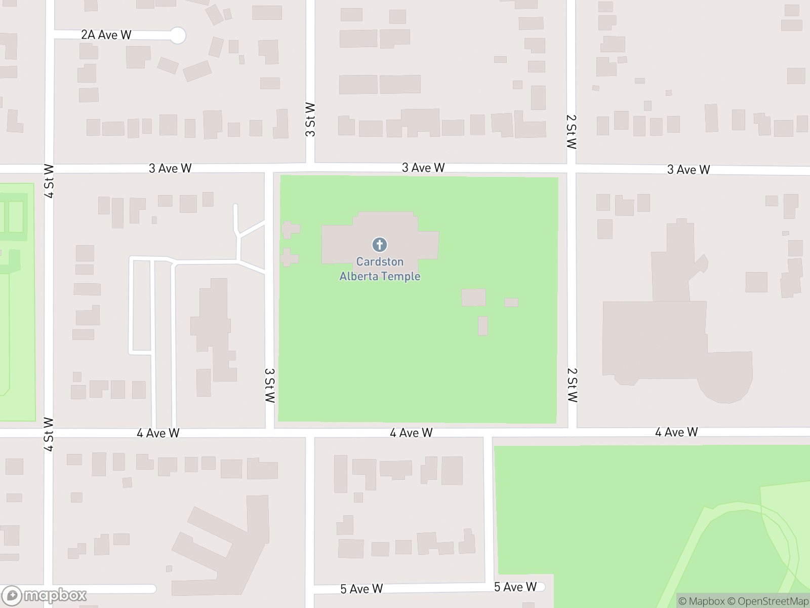 Map showing Cardston Alberta Temple and surrounding area