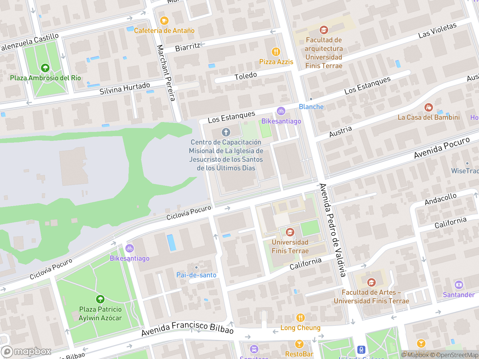 Map showing Santiago Chile Temple and surrounding area