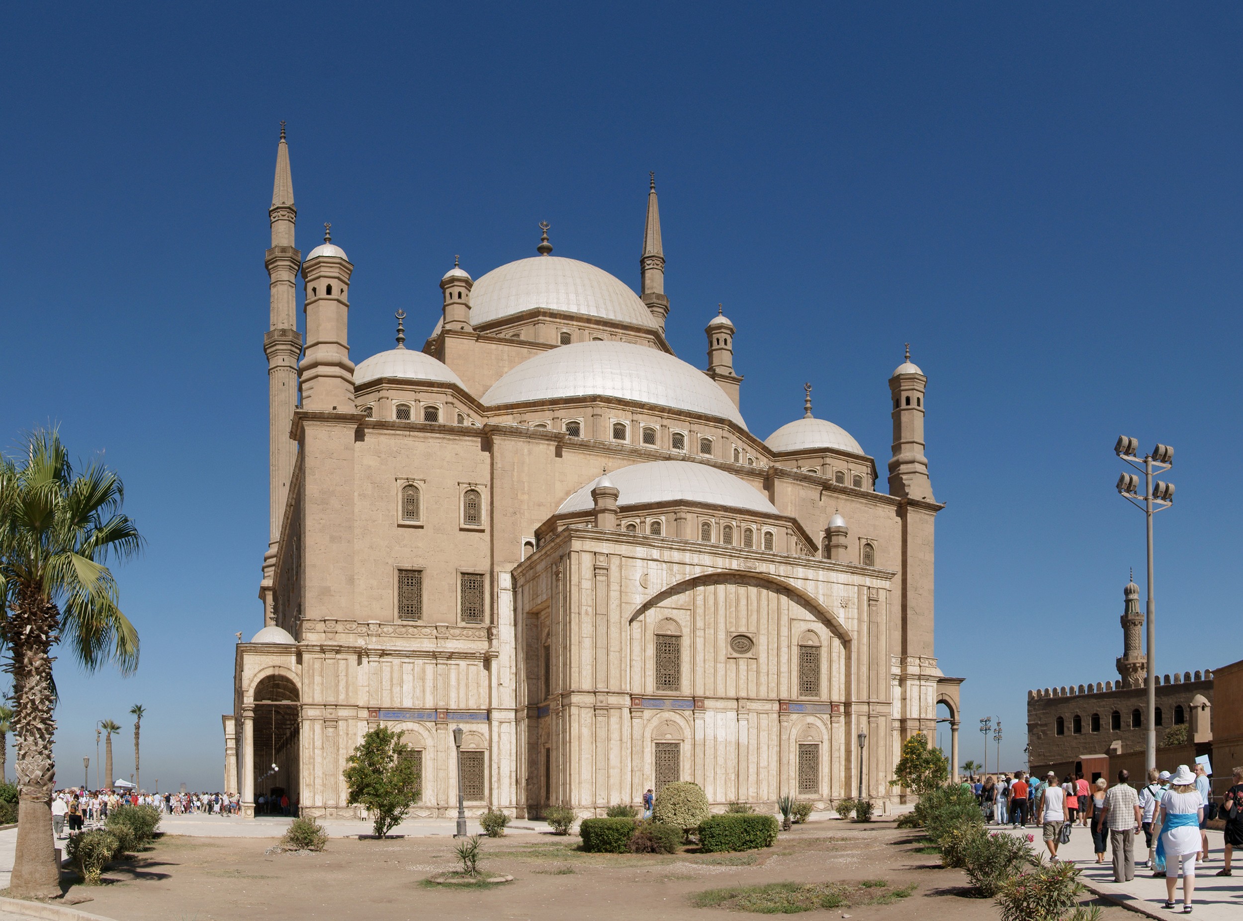 Intricate details of the mosque's dome and minarets.