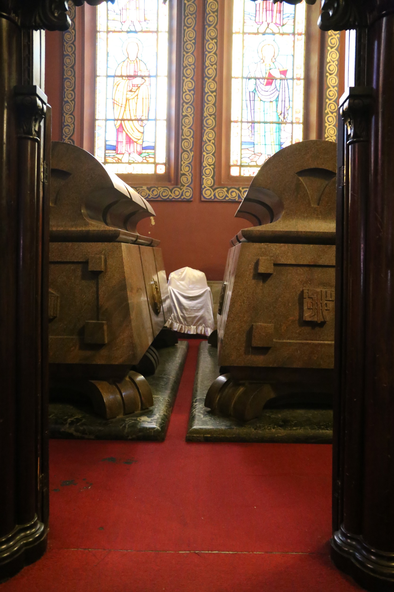 The altar adorned with religious symbols and decorations.