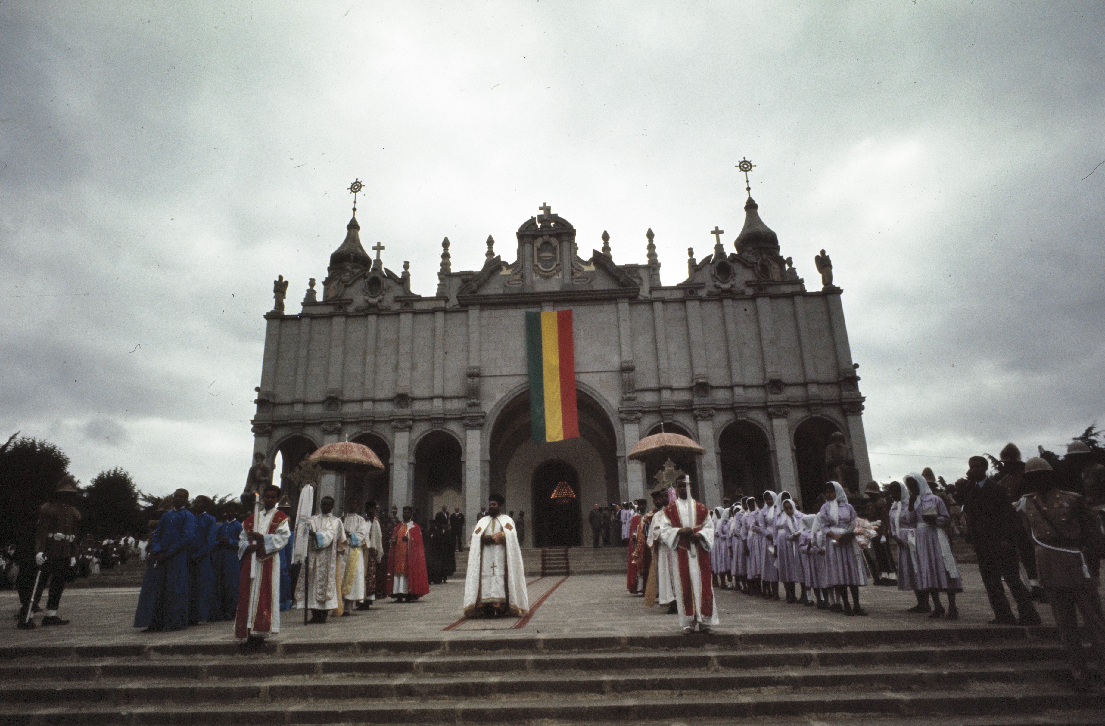 A view of the cathedral's interior during a religious service.