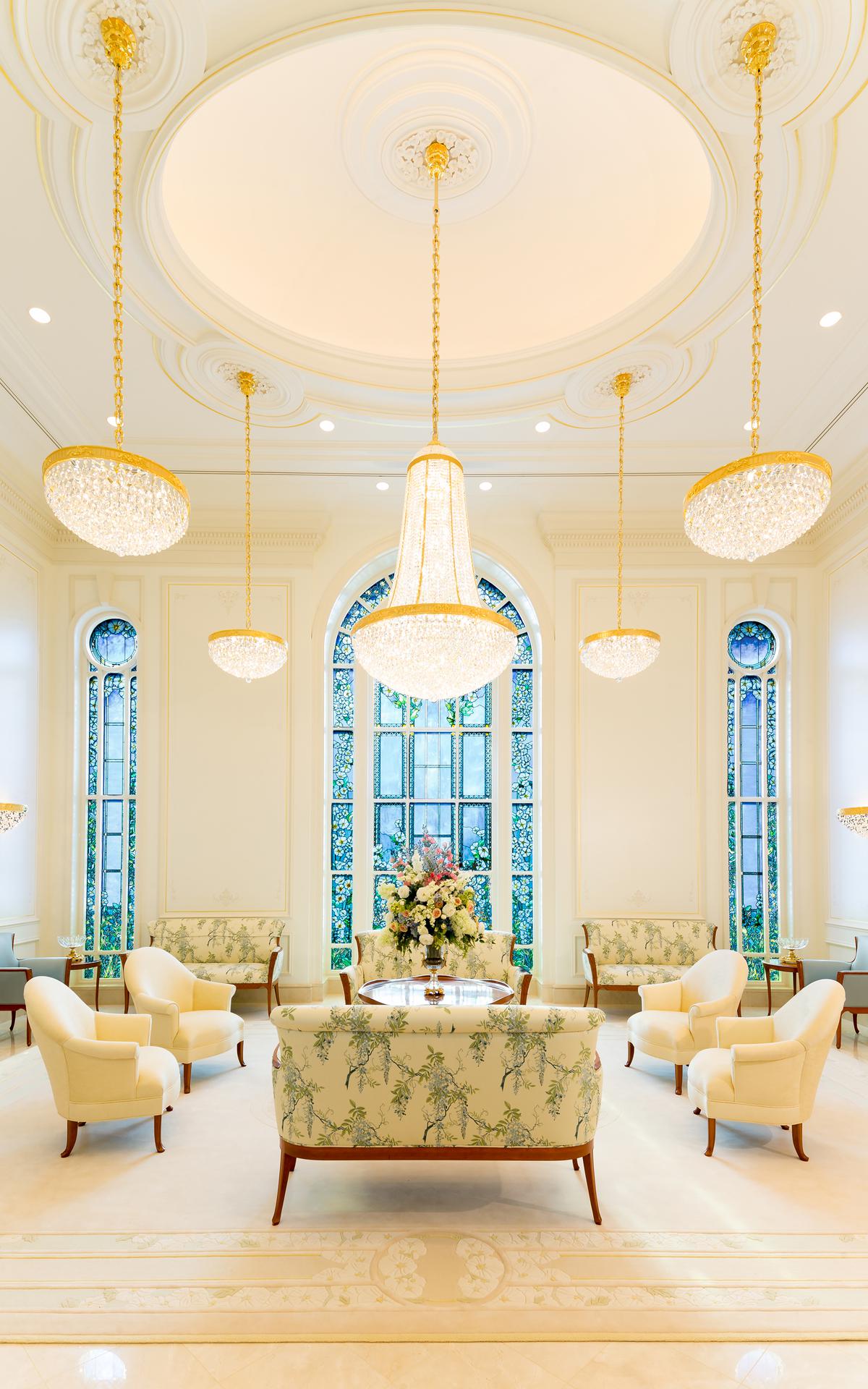 Temple exterior viewed from the formal garden walkways.
