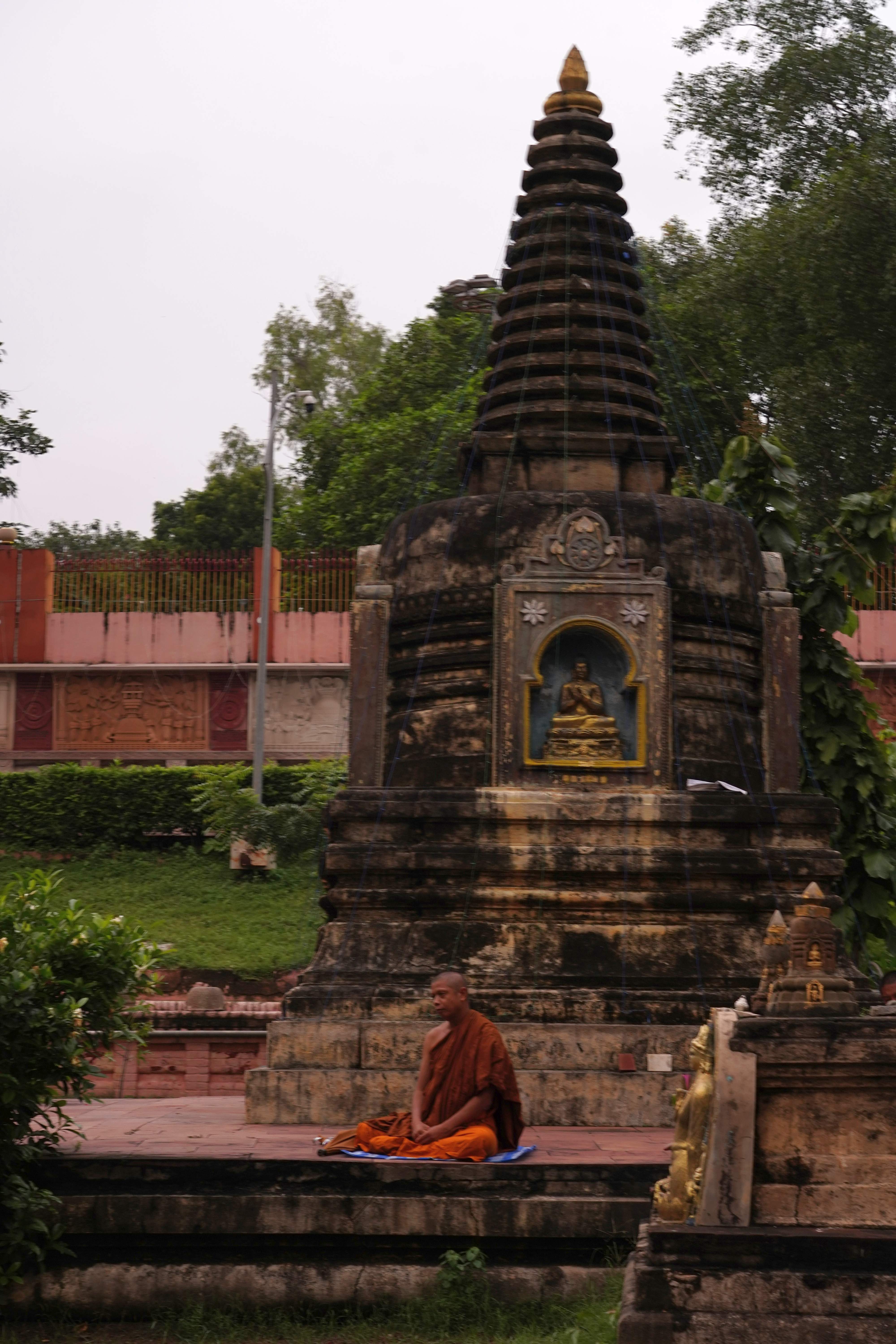 The peaceful atmosphere of Bodh Gaya at sunset.