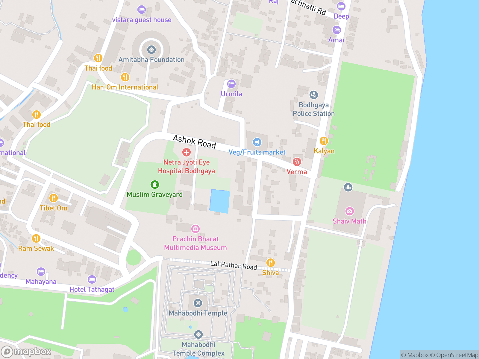 Map showing Mahabodhi Temple and surrounding area